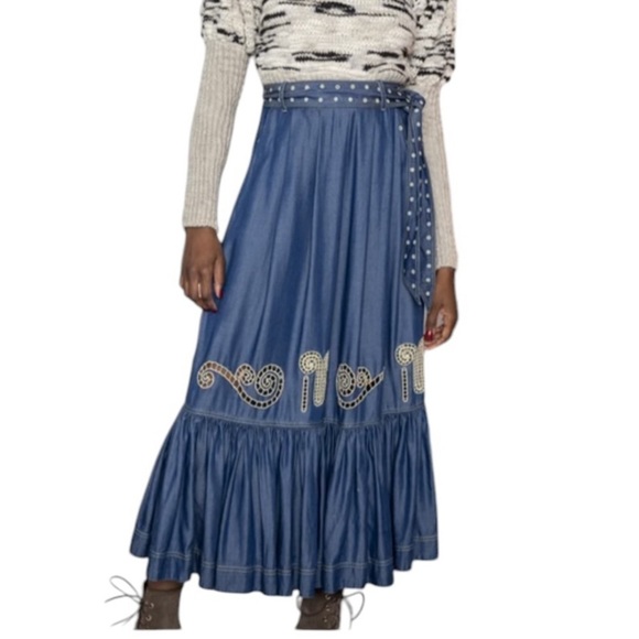 Carolina K Rosa Chambray Embroidered Midi Skirt Size S - Picture 1 of 14